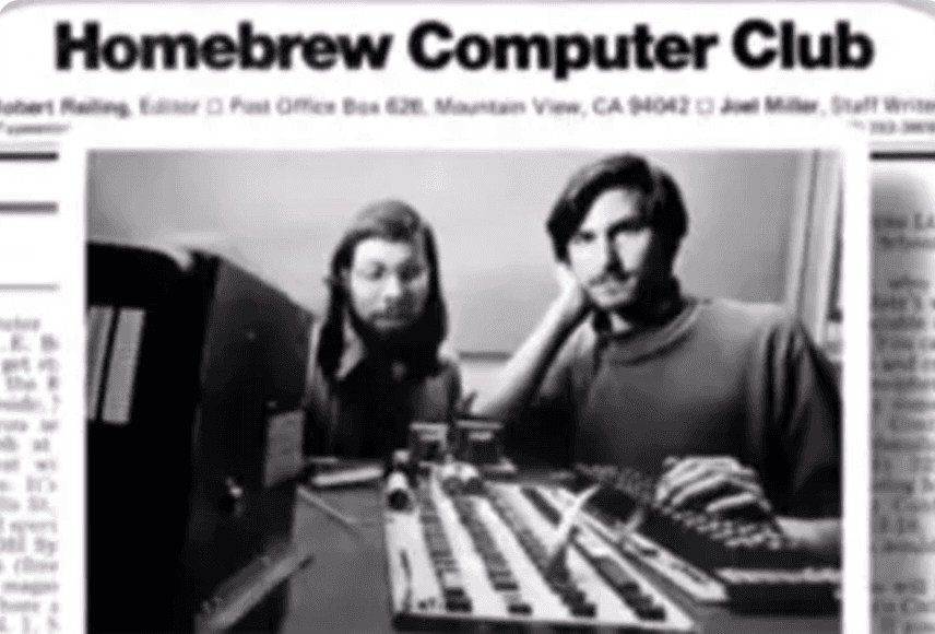 Homebrew Computer Club newsletter layout with Steve Wozniak and Steve Jobs beside an early Apple I prototype board