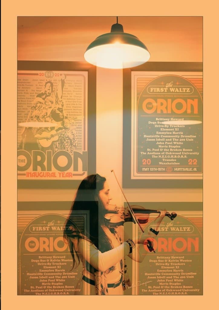 Claire playing violin in an in-camera layered portrait by Neville Simpson