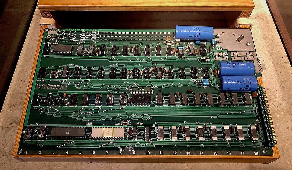 Apple I circuit board on display at the Computer History Museum